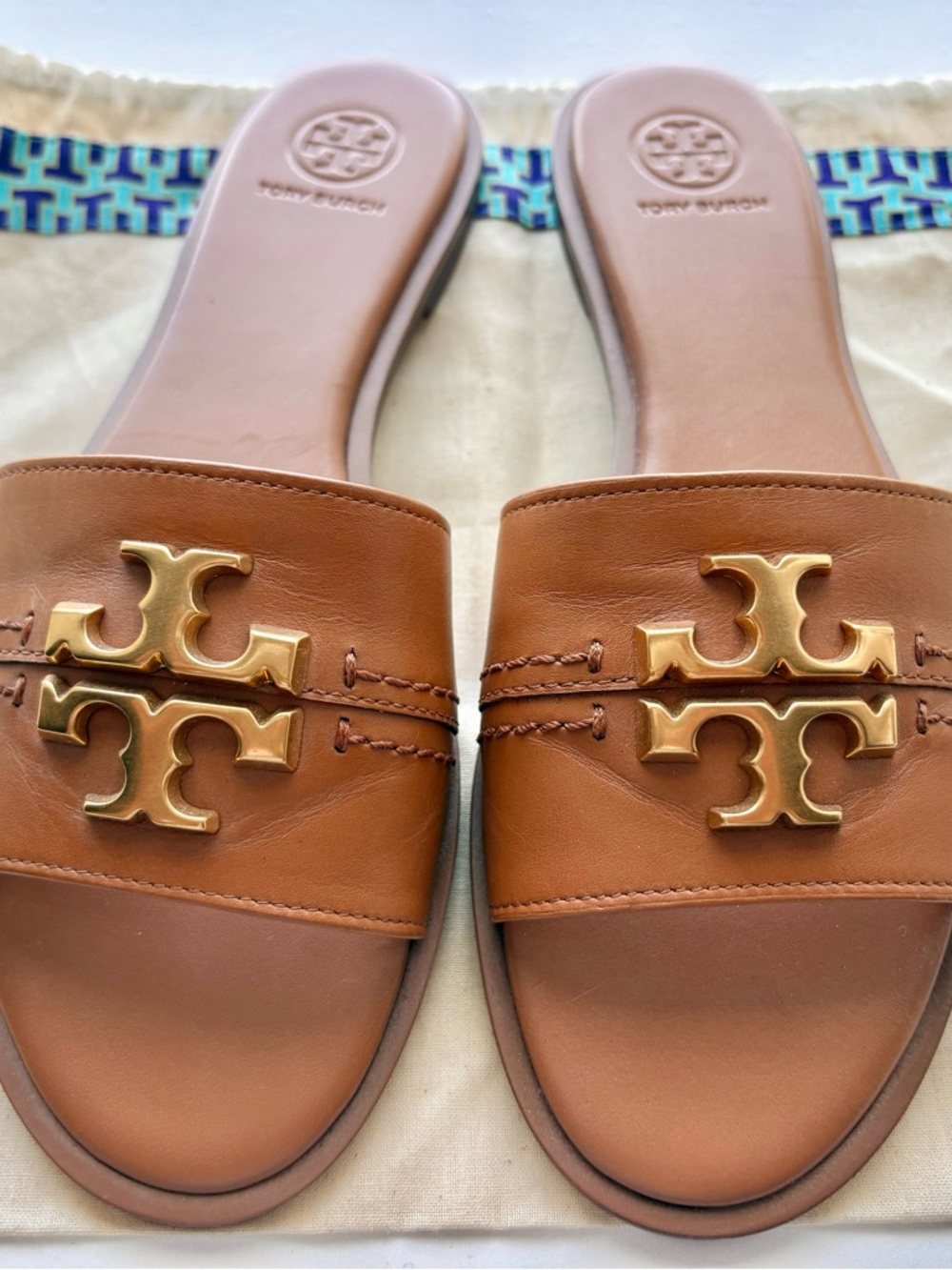Tory Burch Brown Leather Slides with Gold Logo Accent US7.5 Almost New condition
